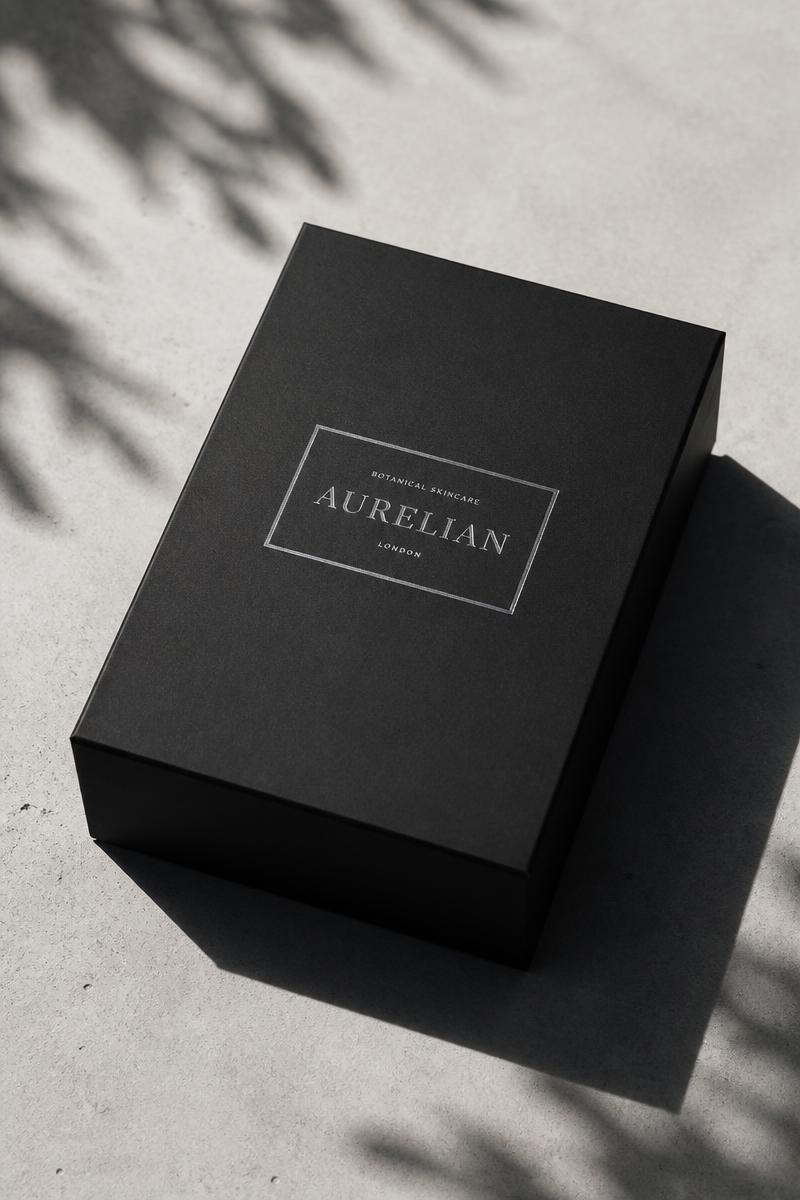 Matte black packaging with silver foil detailing