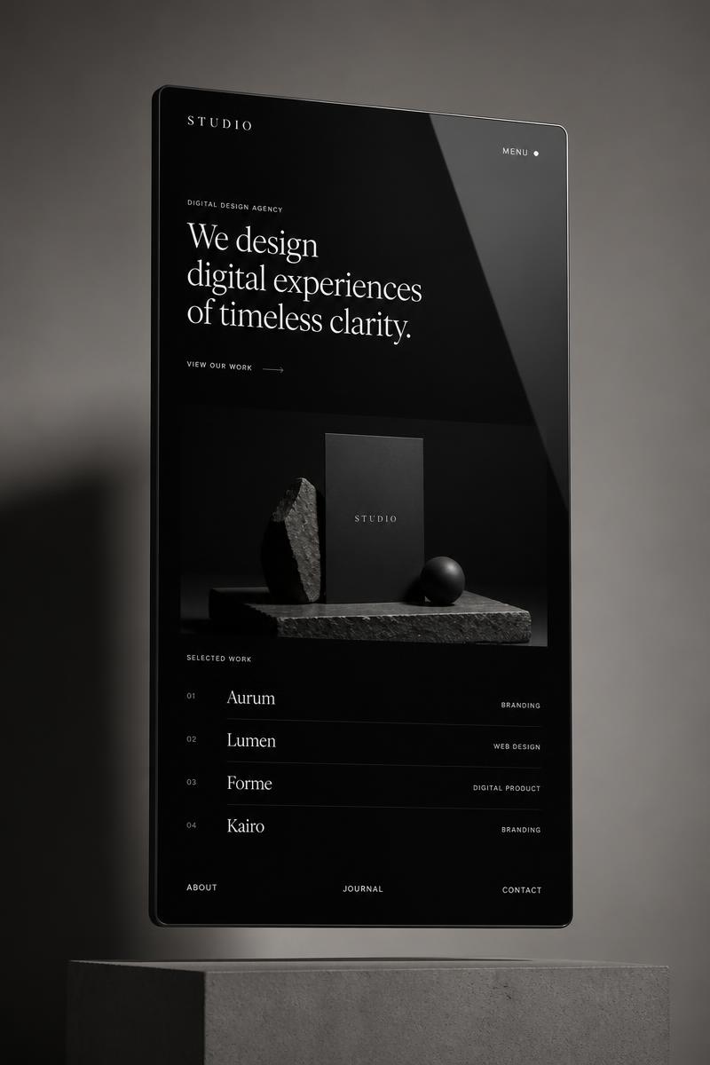 Minimal monochrome website interface mockup on a dark screen
